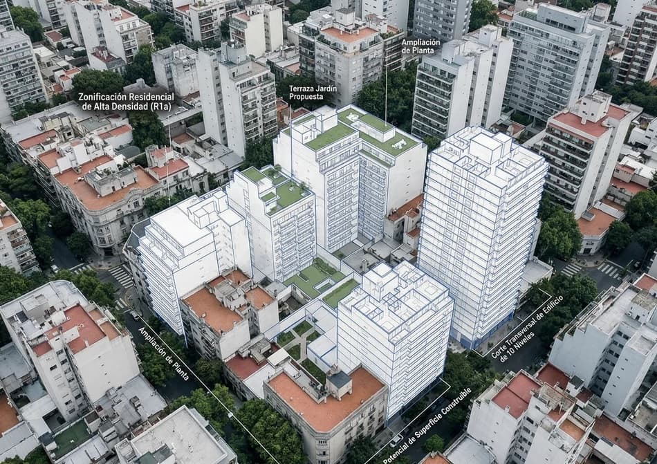 Vista aérea de barrio residencial en Buenos Aires con superposición de potencial constructivo — evaluación de lote para desarrollo inmobiliario